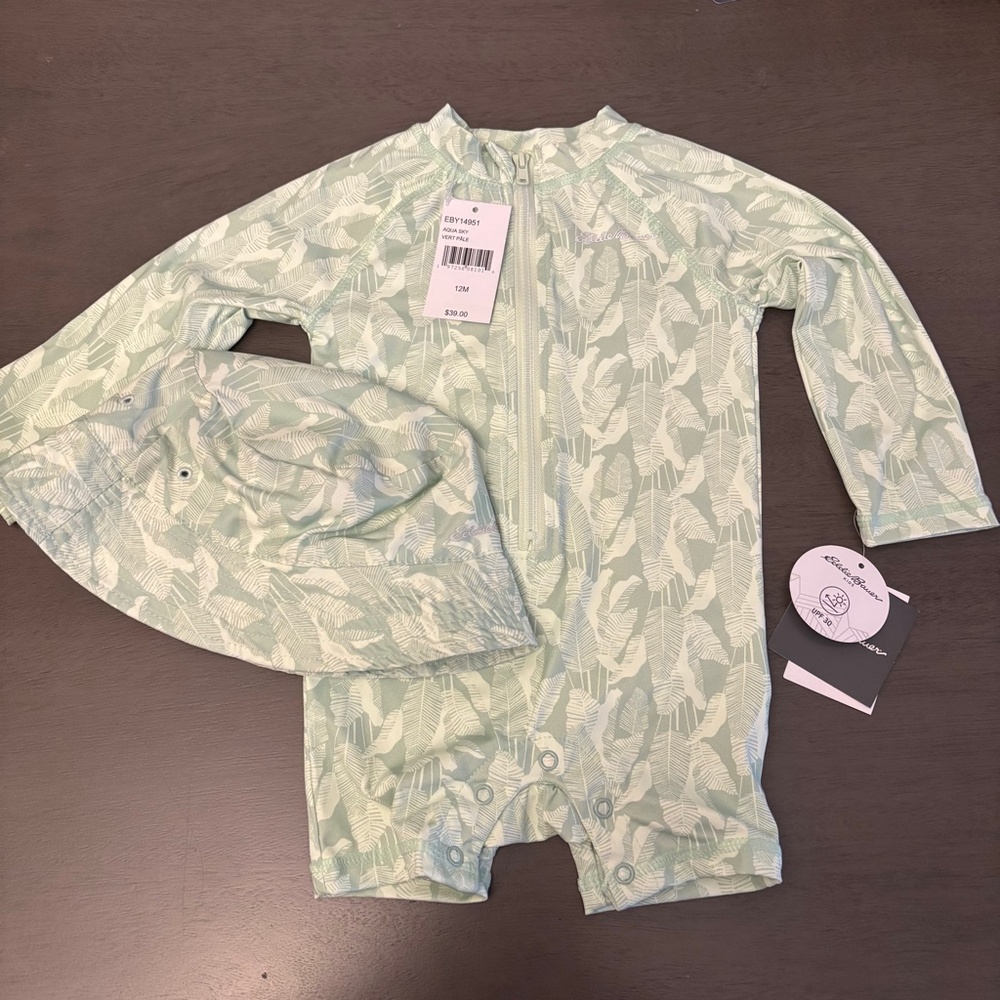 Eddie Bauer Swim Rash Guard Swimsuit Outfit with Hat